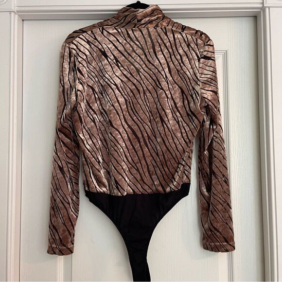 Cream/Brown and Black Velvet Zebra Print Bodysuit - Picture 10 of 11